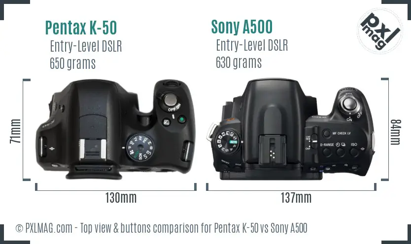 Pentax K-50 vs Sony A500 top view buttons comparison