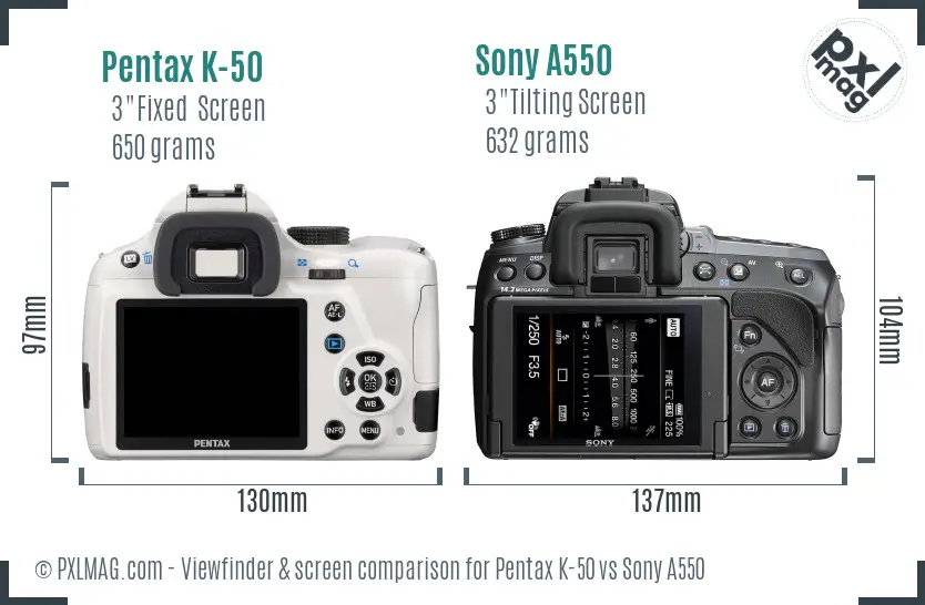 Pentax K-50 vs Sony A550 Screen and Viewfinder comparison