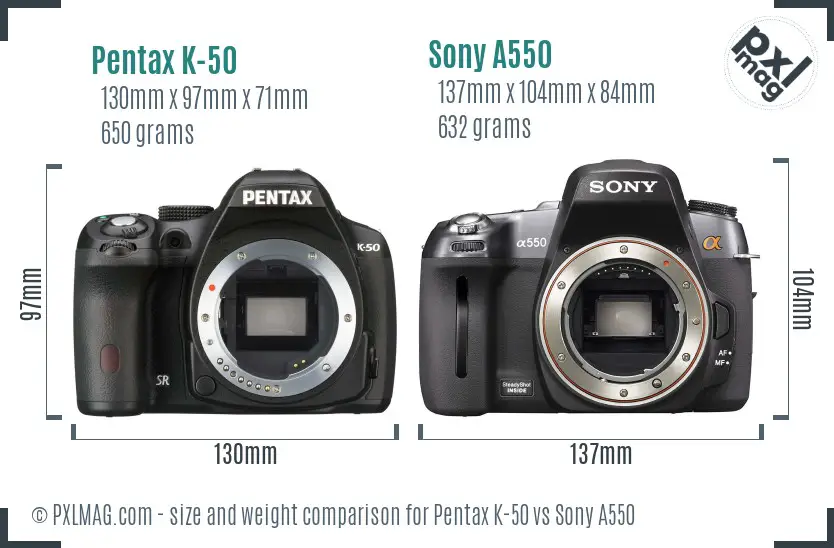 Pentax K-50 vs Sony A550 size comparison