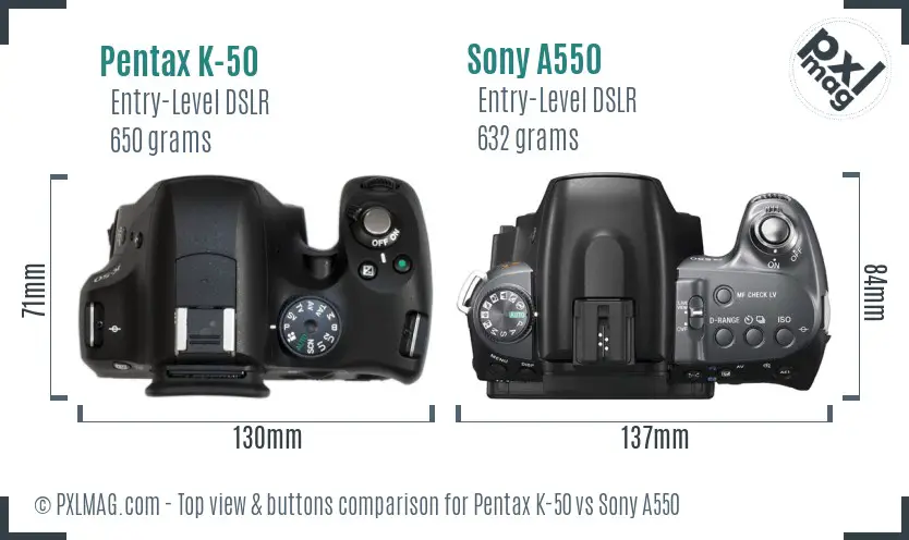 Pentax K-50 vs Sony A550 top view buttons comparison