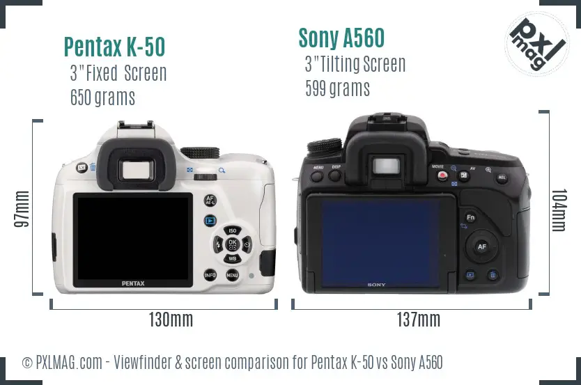 Pentax K-50 vs Sony A560 Screen and Viewfinder comparison