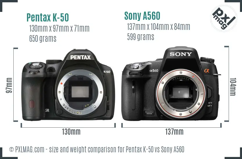 Pentax K-50 vs Sony A560 size comparison