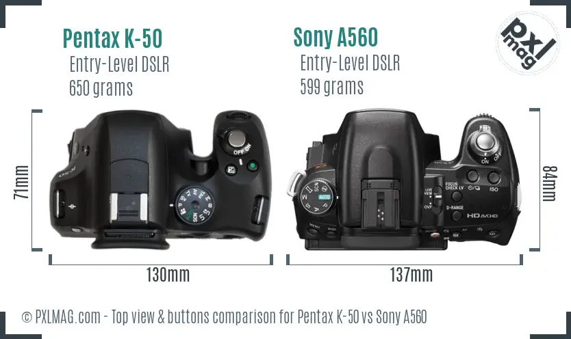 Pentax K-50 vs Sony A560 top view buttons comparison