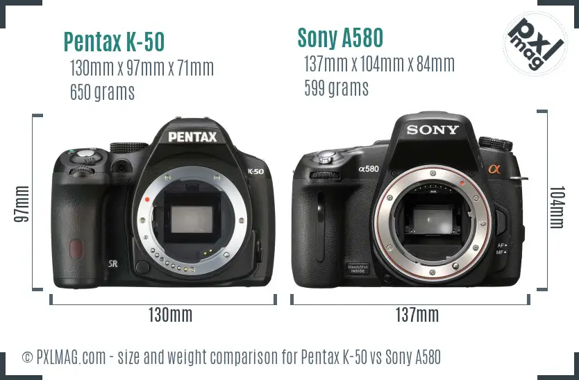 Pentax K-50 vs Sony A580 size comparison