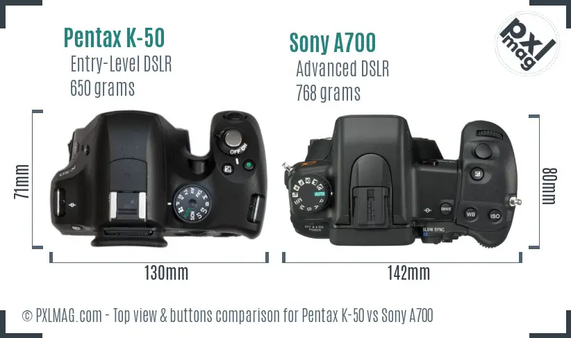 Pentax K-50 vs Sony A700 top view buttons comparison