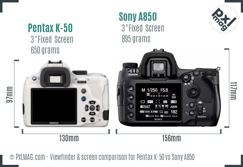 Pentax K-50 vs Sony A850 Screen and Viewfinder comparison