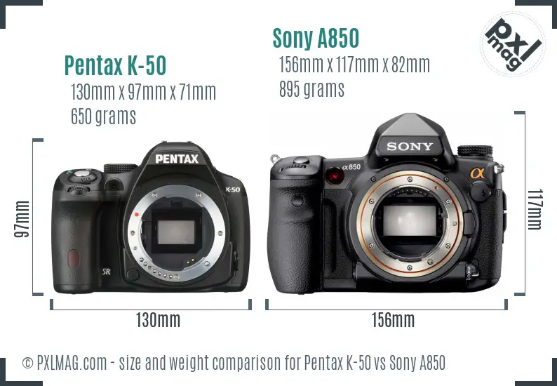 Pentax K-50 vs Sony A850 size comparison