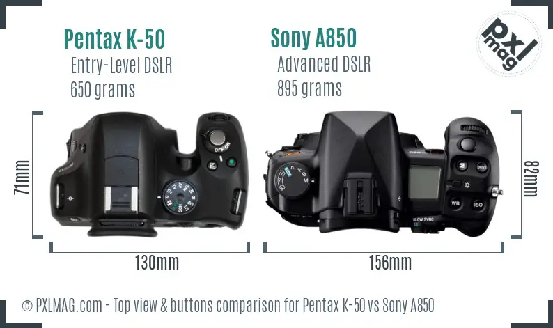 Pentax K-50 vs Sony A850 top view buttons comparison