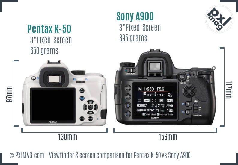 Pentax K-50 vs Sony A900 Screen and Viewfinder comparison