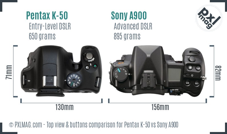 Pentax K-50 vs Sony A900 top view buttons comparison
