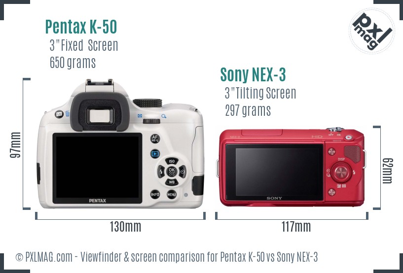 Pentax K-50 vs Sony NEX-3 Screen and Viewfinder comparison