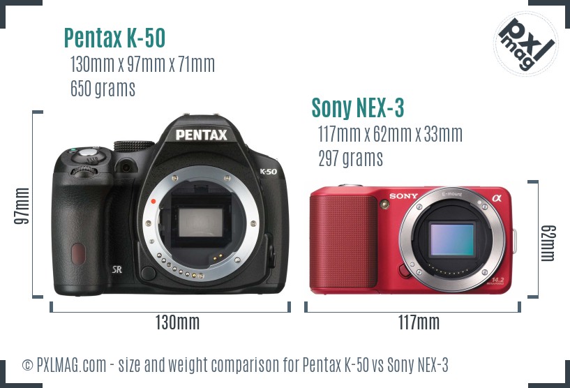 Pentax K-50 vs Sony NEX-3 size comparison