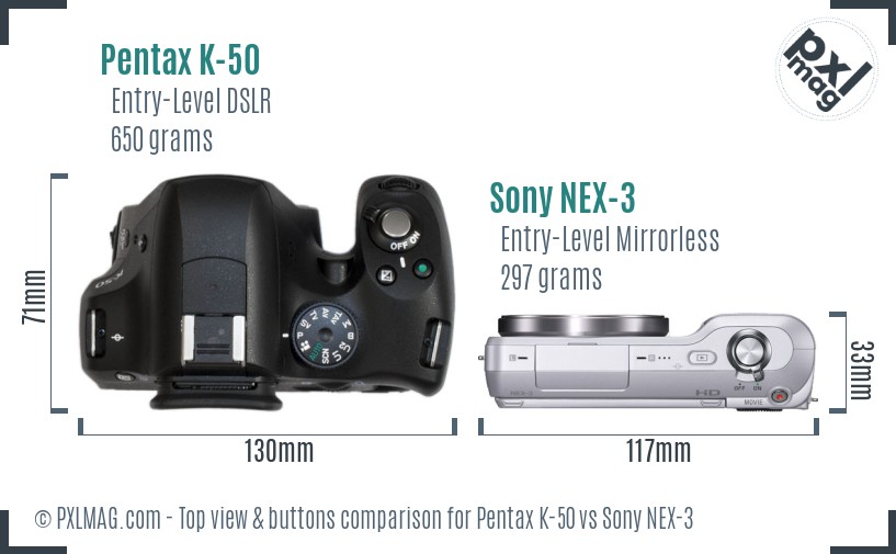 Pentax K-50 vs Sony NEX-3 top view buttons comparison