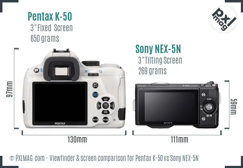 Pentax K-50 vs Sony NEX-5N Screen and Viewfinder comparison