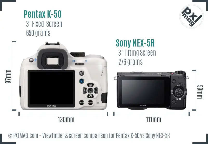 Pentax K-50 vs Sony NEX-5R Screen and Viewfinder comparison