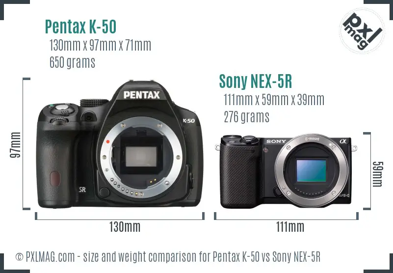Pentax K-50 vs Sony NEX-5R size comparison