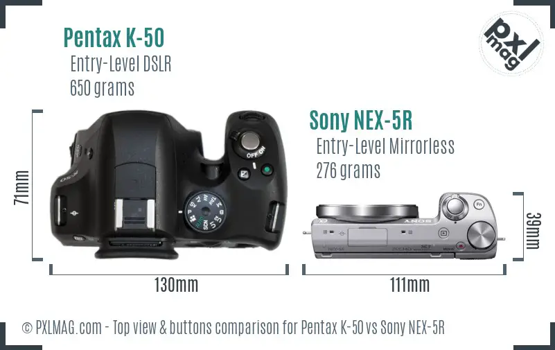 Pentax K-50 vs Sony NEX-5R top view buttons comparison