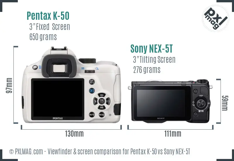 Pentax K-50 vs Sony NEX-5T Screen and Viewfinder comparison