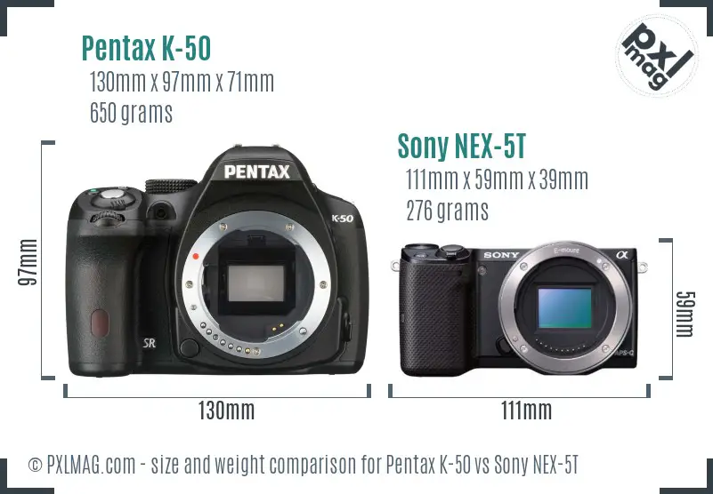 Pentax K-50 vs Sony NEX-5T size comparison