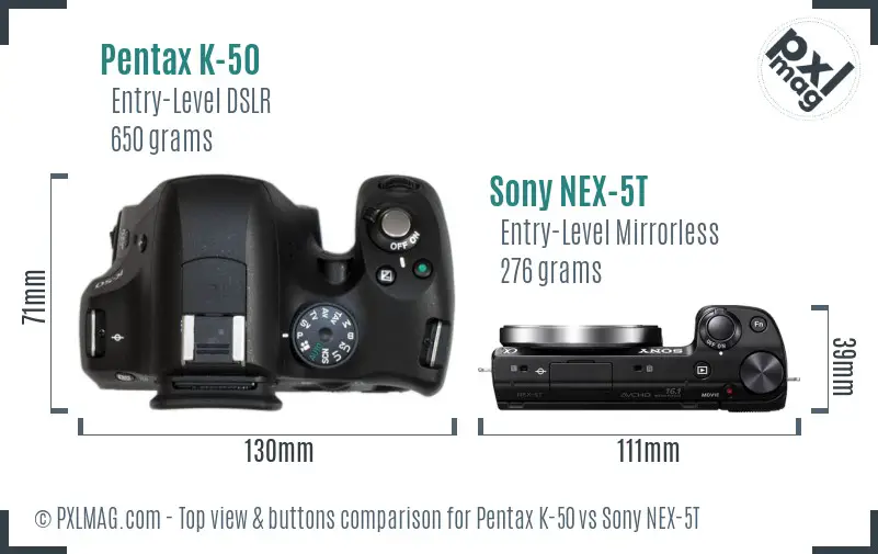 Pentax K-50 vs Sony NEX-5T top view buttons comparison