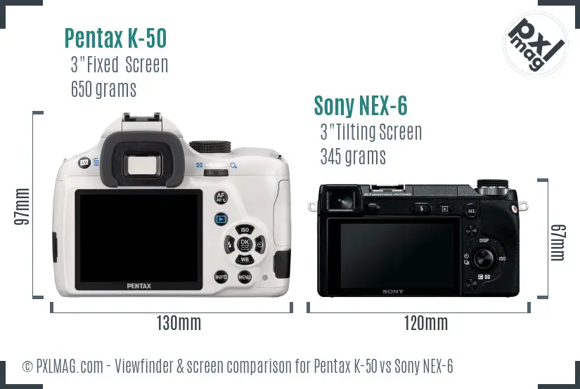 Pentax K-50 vs Sony NEX-6 Screen and Viewfinder comparison