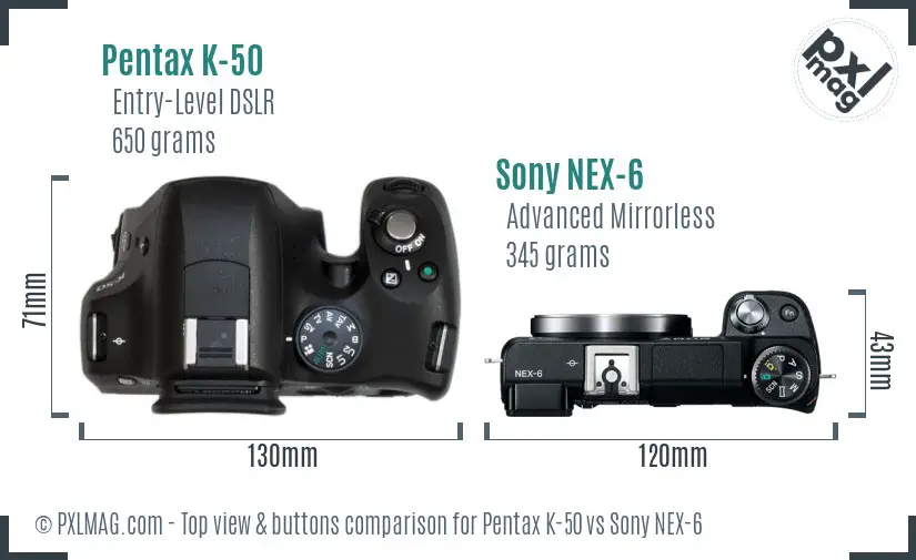 Pentax K-50 vs Sony NEX-6 top view buttons comparison