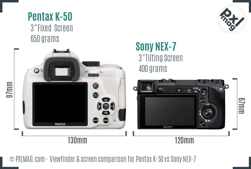 Pentax K-50 vs Sony NEX-7 Screen and Viewfinder comparison