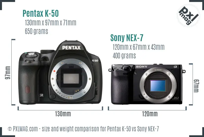 Pentax K-50 vs Sony NEX-7 size comparison