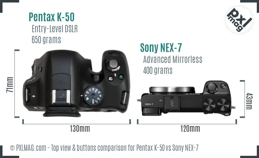 Pentax K-50 vs Sony NEX-7 top view buttons comparison