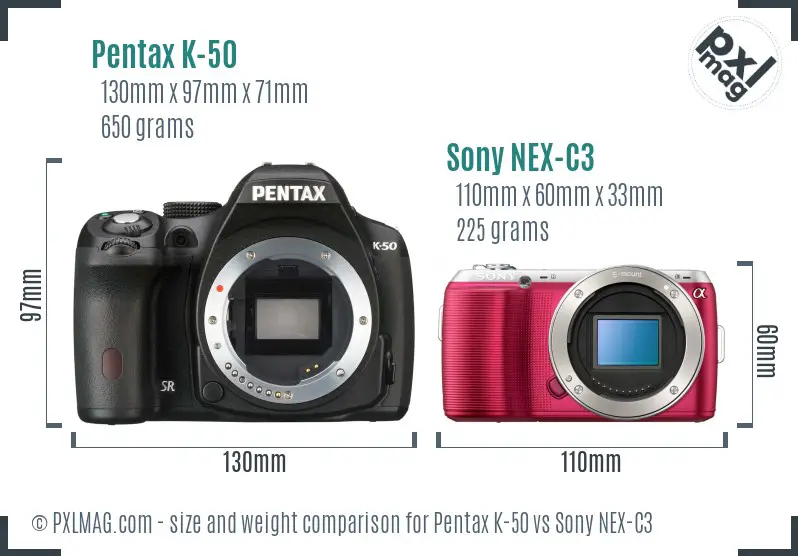 Pentax K-50 vs Sony NEX-C3 size comparison Pentax K-50 vs Sony NEX-C3 size comparison
