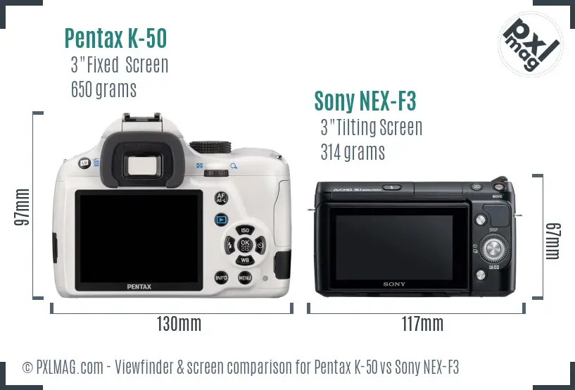 Pentax K-50 vs Sony NEX-F3 Screen and Viewfinder comparison Pentax K-50 vs Sony NEX-F3 Screen and Viewfinder comparison