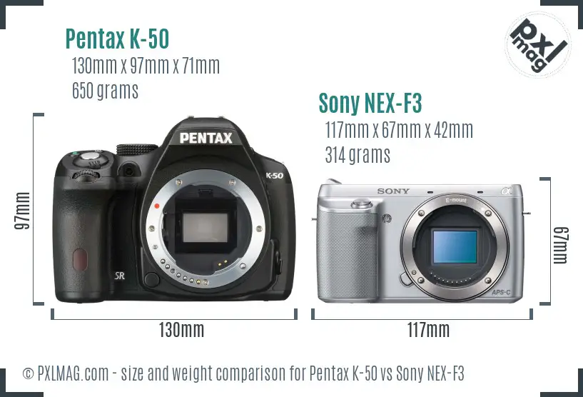 Pentax K-50 vs Sony NEX-F3 size comparison Pentax K-50 vs Sony NEX-F3 size comparison