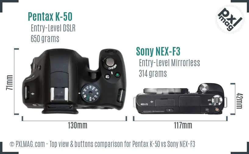 Pentax K-50 vs Sony NEX-F3 top view buttons comparison Pentax K-50 vs Sony NEX-F3 top view buttons comparison