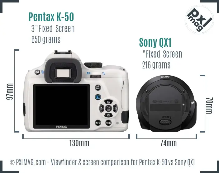 Pentax K-50 vs Sony QX1 Screen and Viewfinder comparison