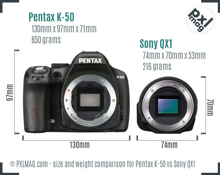 Pentax K-50 vs Sony QX1 size comparison