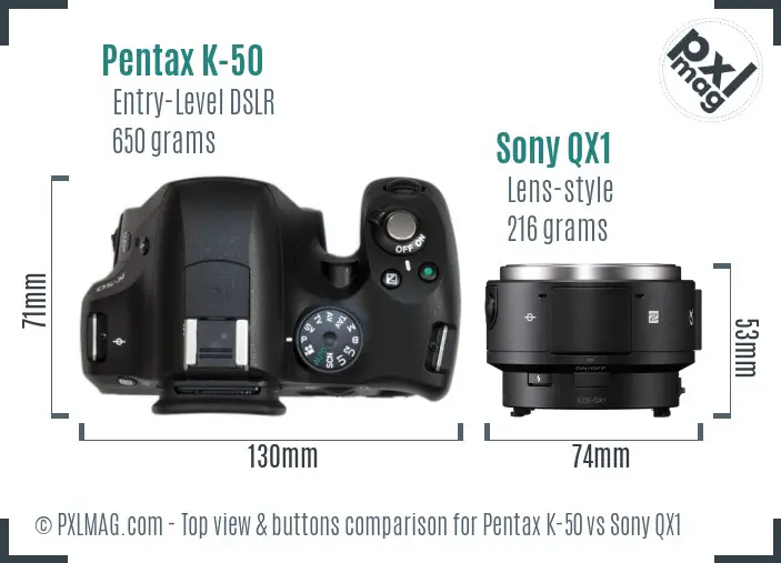 Pentax K-50 vs Sony QX1 top view buttons comparison