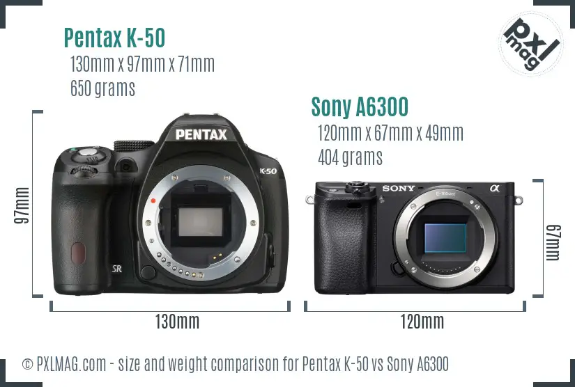 Pentax K-50 vs Sony A6300 size comparison