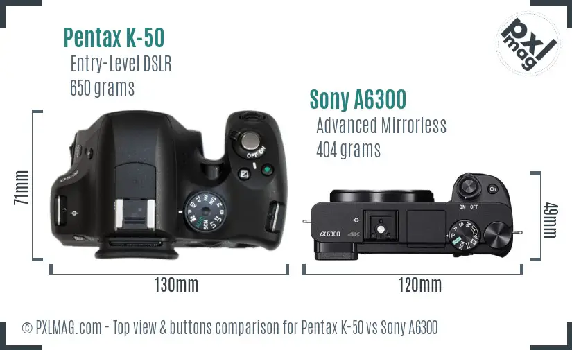 Pentax K-50 vs Sony A6300 top view buttons comparison