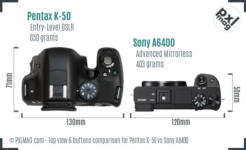 Pentax K-50 vs Sony A6400 top view buttons comparison