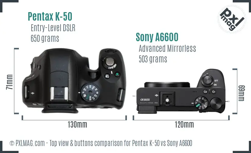 Pentax K-50 vs Sony A6600 top view buttons comparison