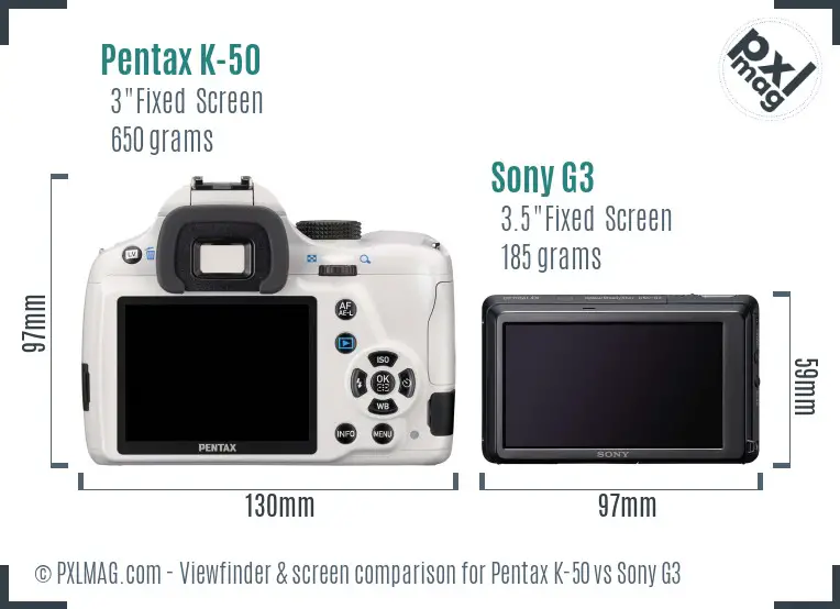 Pentax K-50 vs Sony G3 Screen and Viewfinder comparison
