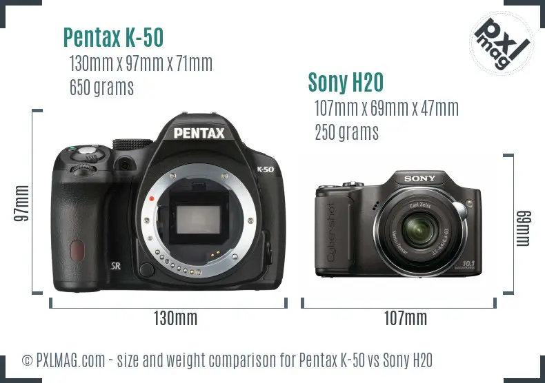 Pentax K-50 vs Sony H20 size comparison