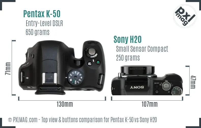 Pentax K-50 vs Sony H20 top view buttons comparison