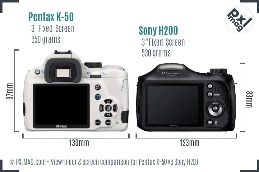 Pentax K-50 vs Sony H200 Screen and Viewfinder comparison