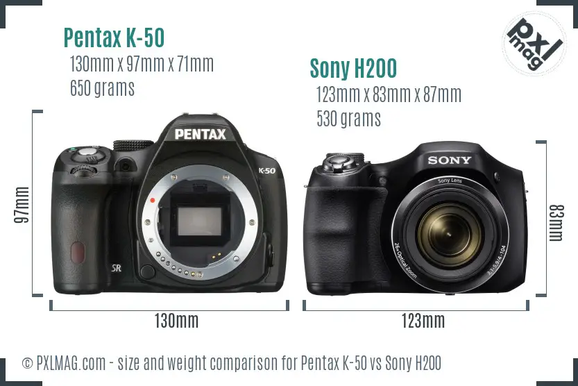 Pentax K-50 vs Sony H200 size comparison