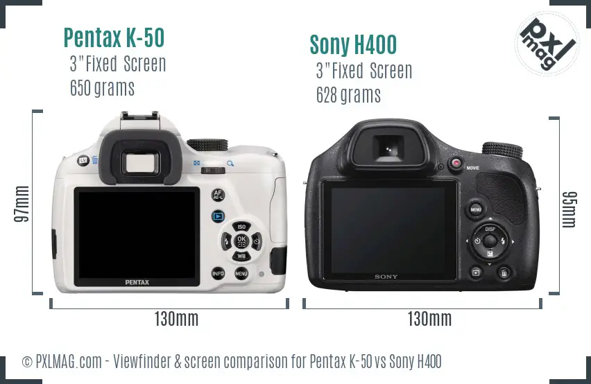 Pentax K-50 vs Sony H400 Screen and Viewfinder comparison