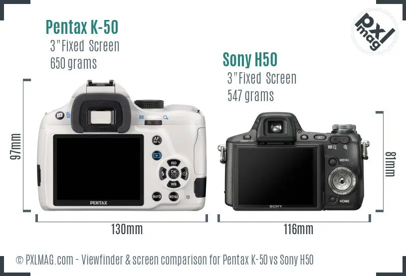 Pentax K-50 vs Sony H50 Screen and Viewfinder comparison