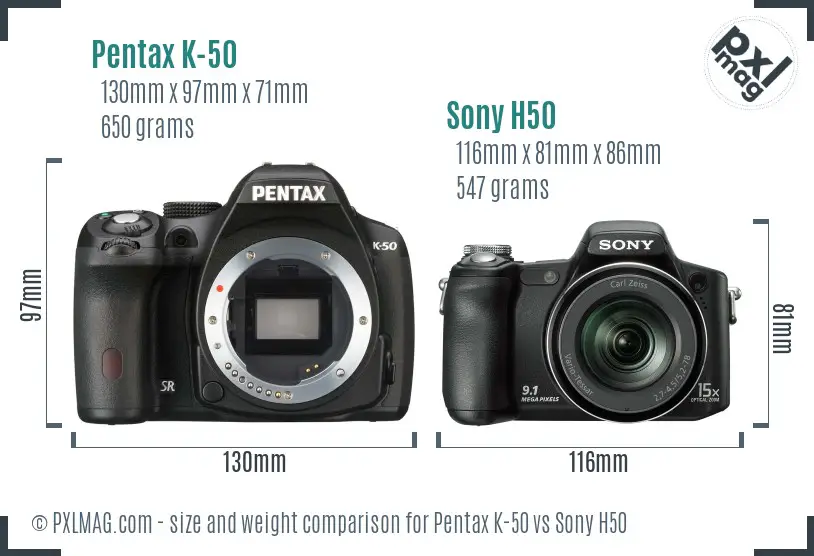 Pentax K-50 vs Sony H50 size comparison