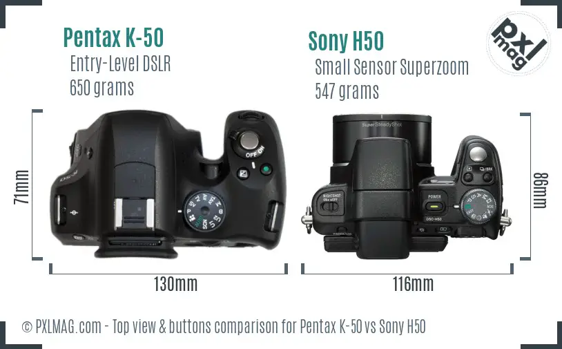 Pentax K-50 vs Sony H50 top view buttons comparison