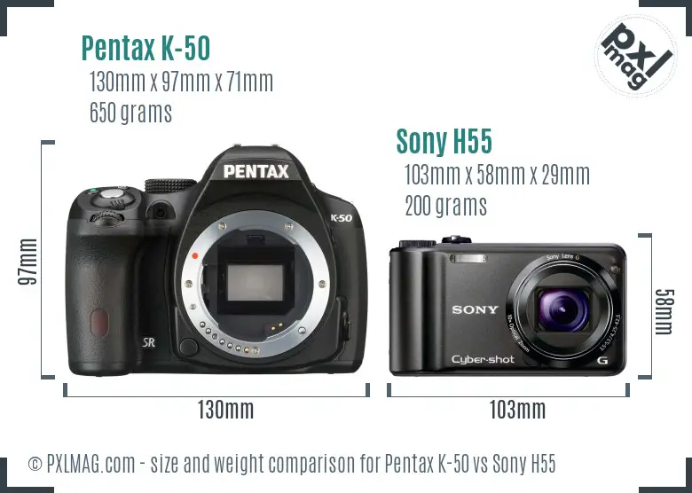 Pentax K-50 vs Sony H55 size comparison